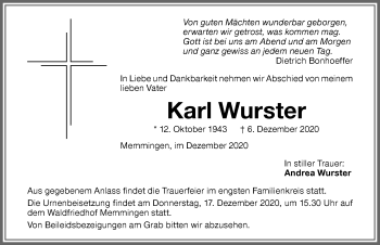 Traueranzeige von Karl Wurster von Memminger Zeitung