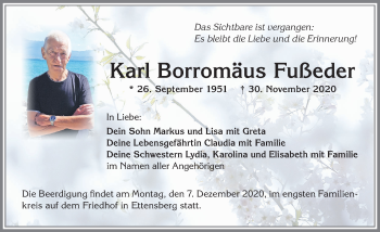 Traueranzeige von Karl Borromäus Fußeder von Allgäuer Anzeigeblatt