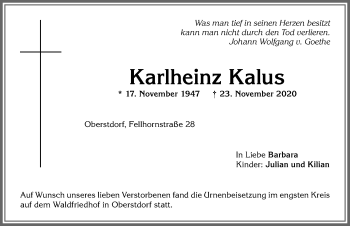 Traueranzeige von Karlheinz Kalus von Allgäuer Anzeigeblatt