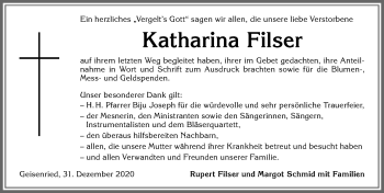 Traueranzeige von Katharina Filser von Allgäuer Zeitung, Marktoberdorf