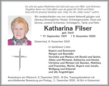 Traueranzeige von Katharina Filser von Allgäuer Zeitung, Marktoberdorf