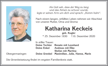 Traueranzeige von Katharina Keckeis von Allgäuer Zeitung, Kaufbeuren/Buchloe