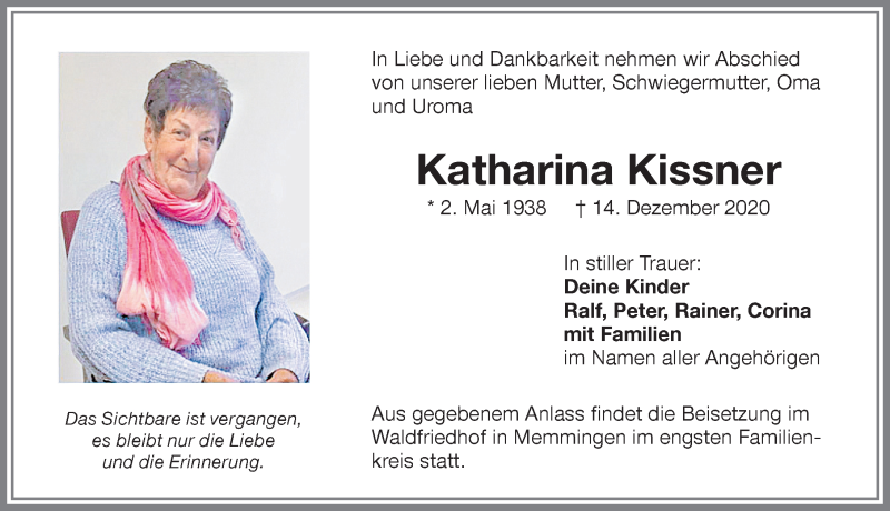 Traueranzeige für Katharina Kissner vom 19.12.2020 aus Memminger Zeitung