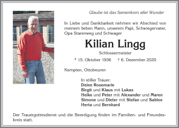 Traueranzeige von Kilian Lingg von Allgäuer Zeitung,Kempten