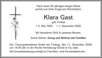 Traueranzeige von Klara Gast von Allgäuer Zeitung,Kempten