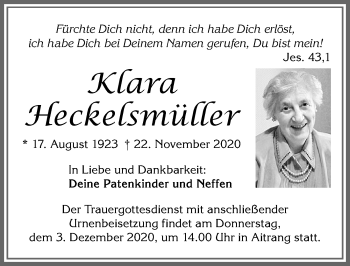Traueranzeige von Klara Heckelsmüller von Allgäuer Zeitung, Kaufbeuren/Buchloe