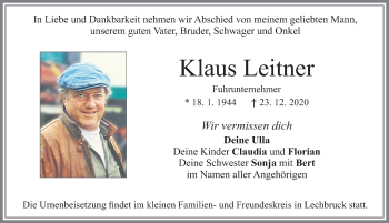 Traueranzeige von Klaus Leitner von Allgäuer Zeitung, Füssen