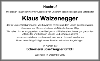Traueranzeige von Klaus Waizenegger von Memminger Zeitung