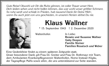 Traueranzeige von Klaus Wallner von Allgäuer Zeitung,Kempten