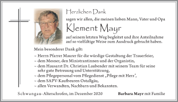 Traueranzeige von Klement Mayr von Allgäuer Zeitung, Füssen
