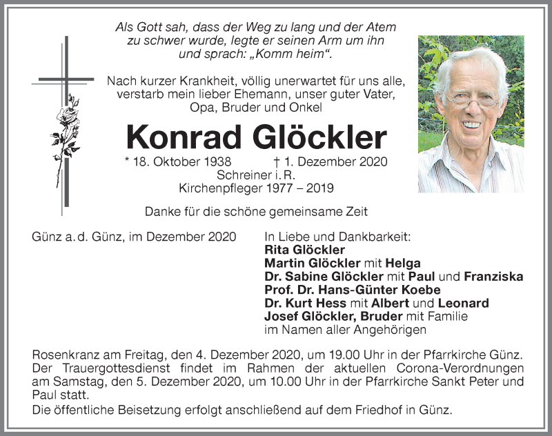  Traueranzeige für Konrad Glöckler vom 03.12.2020 aus Memminger Zeitung