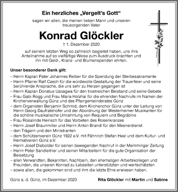 Traueranzeige von Konrad Glöckler von Memminger Zeitung