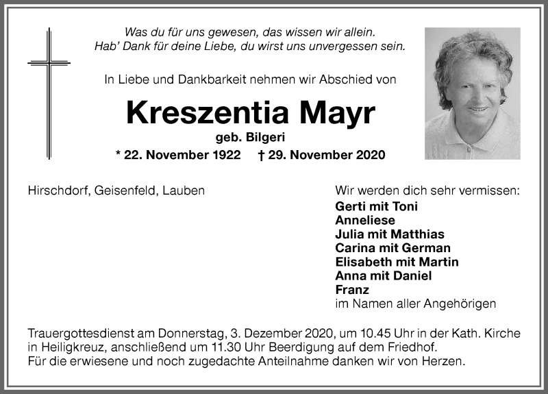  Traueranzeige für Kreszentia Mayr vom 02.12.2020 aus Allgäuer Zeitung,Kempten