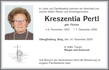 Traueranzeige von Kreszentia Pertl von Allgäuer Zeitung, Marktoberdorf