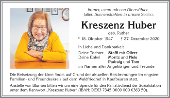 Traueranzeige von Kreszenz Huber von Allgäuer Zeitung, Kaufbeuren/Buchloe