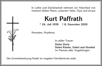 Traueranzeige von Kurt Paffrath von Allgäuer Zeitung,Kempten