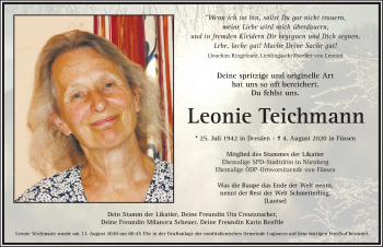 Traueranzeige von Leonie Teichmann von Allgäuer Zeitung, Füssen