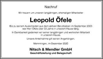Traueranzeige von Leopold Öfele von Memminger Zeitung