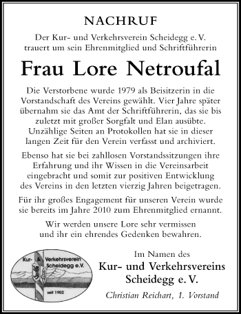 Traueranzeige von Lore Netroufal von Der Westallgäuer