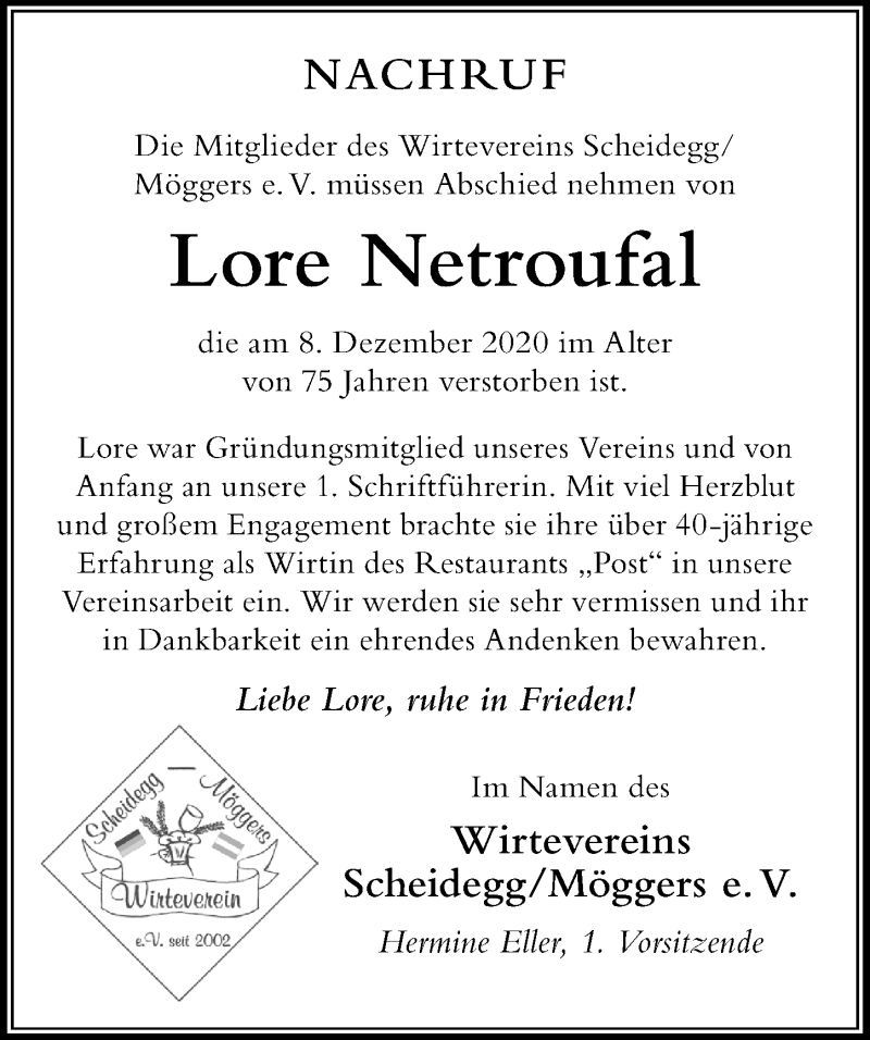  Traueranzeige für Lore Netroufal vom 12.12.2020 aus Der Westallgäuer