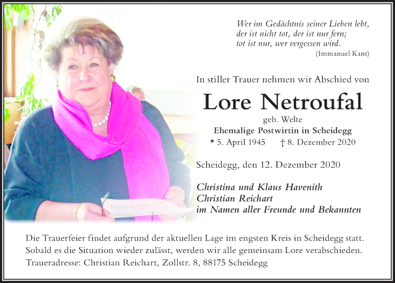  Traueranzeige für Lore Netroufal vom 12.12.2020 aus Der Westallgäuer
