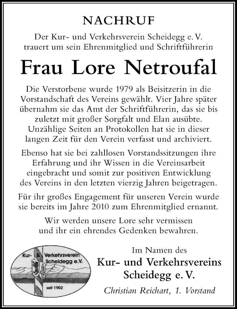 Traueranzeige für Lore Netroufal vom 12.12.2020 aus Der Westallgäuer