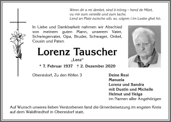 Traueranzeige von Lorenz Tauscher von Allgäuer Anzeigeblatt