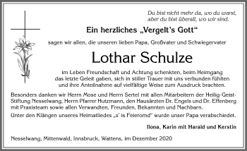 Traueranzeige von Lothar Schulze von Allgäuer Zeitung, Füssen
