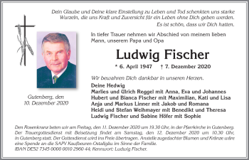 Traueranzeige von Ludwig Fischer von Allgäuer Zeitung, Kaufbeuren/Buchloe
