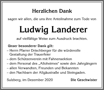 Traueranzeige von Ludwig Landerer von Allgäuer Zeitung,Kempten