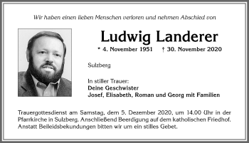 Traueranzeige von Ludwig Landerer von Allgäuer Zeitung,Kempten