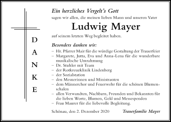 Traueranzeige von Ludwig Mayer von Der Westallgäuer