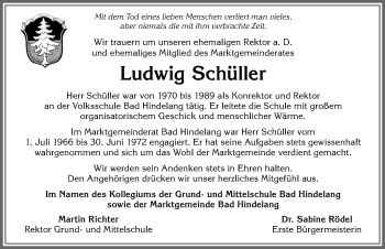 Traueranzeige von Ludwig Schüller von Allgäuer Anzeigeblatt