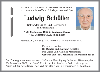 Traueranzeige von Ludwig Schüller von Allgäuer Anzeigeblatt