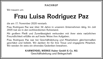 Traueranzeige von Luisa Rodriguez Paz von Allgäuer Zeitung, Kaufbeuren/Buchloe