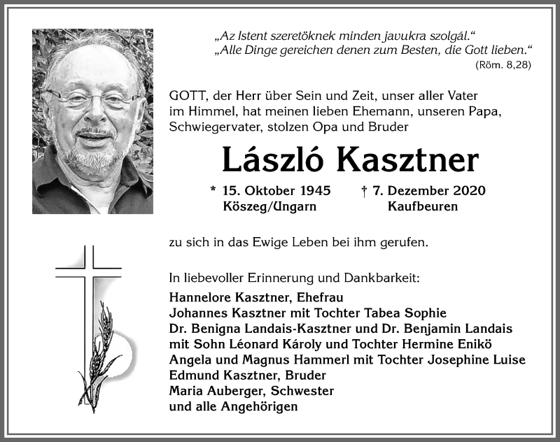  Traueranzeige für László Kasztner vom 12.12.2020 aus Allgäuer Zeitung, Kaufbeuren/Buchloe