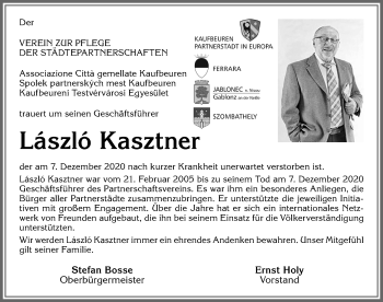 Traueranzeige von László Kasztner von Allgäuer Zeitung, Kaufbeuren/Buchloe