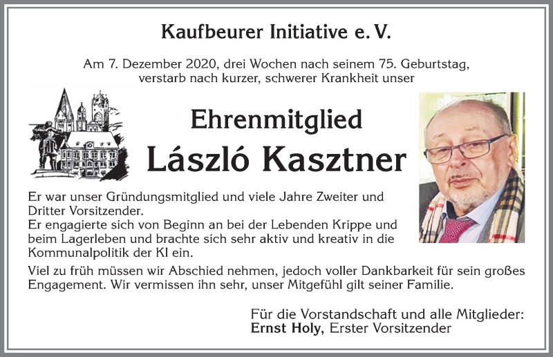  Traueranzeige für László Kasztner vom 12.12.2020 aus Allgäuer Zeitung, Kaufbeuren/Buchloe