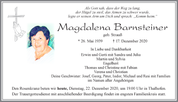 Traueranzeige von Magdalena Barnsteiner von Allgäuer Zeitung, Marktoberdorf