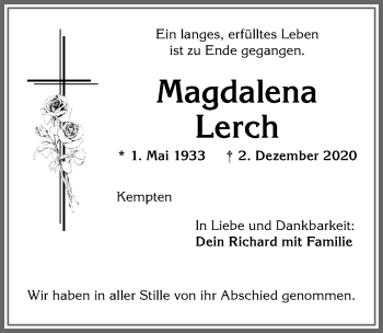 Traueranzeige von Magdalena Lerch von Allgäuer Zeitung,Kempten