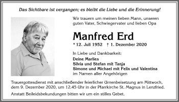Traueranzeige von Manfred Erd von Allgäuer Zeitung,Kempten