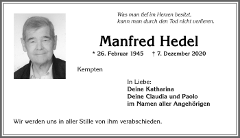 Traueranzeige von Manfred Hedel von Allgäuer Zeitung,Kempten