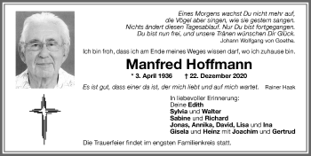 Traueranzeige von Manfred Hoffmann von Memminger Zeitung