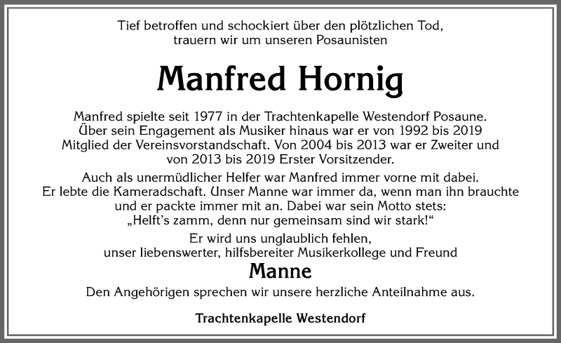  Traueranzeige für Manfred Hornig vom 12.12.2020 aus Allgäuer Zeitung, Kaufbeuren/Buchloe