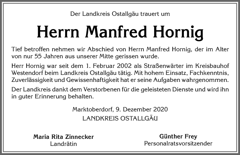  Traueranzeige für Manfred Hornig vom 09.12.2020 aus Allgäuer Zeitung, Kaufbeuren/Buchloe