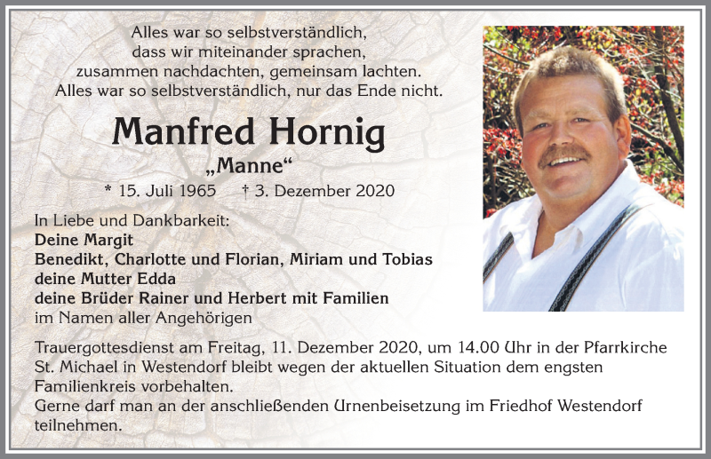  Traueranzeige für Manfred Hornig vom 08.12.2020 aus Allgäuer Zeitung, Kaufbeuren/Buchloe