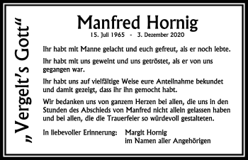 Traueranzeige von Manfred Hornig von Allgäuer Zeitung, Kaufbeuren/Buchloe