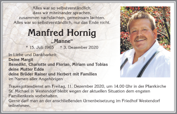 Traueranzeige von Manfred Hornig von Allgäuer Zeitung, Kaufbeuren/Buchloe
