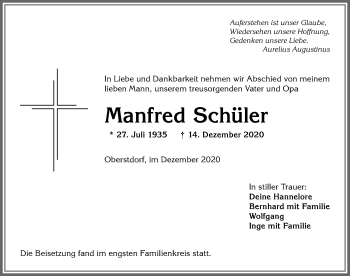 Traueranzeige von Manfred Schüler von Allgäuer Anzeigeblatt