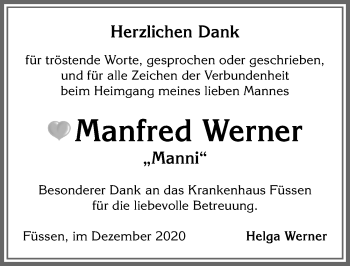 Traueranzeige von Manfred Werner von Allgäuer Zeitung, Füssen